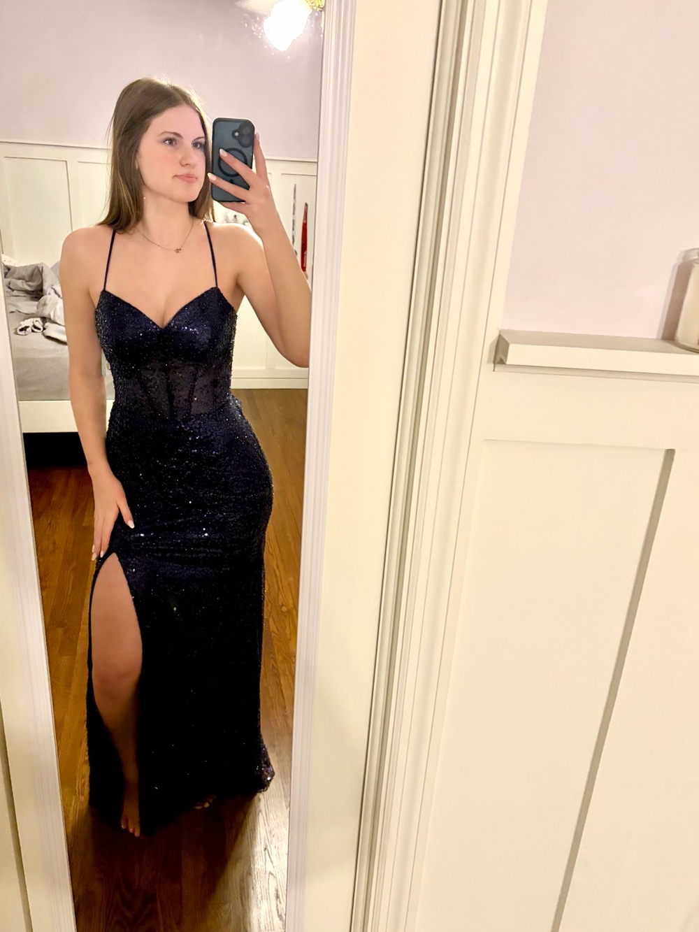 Navy Double X Back Sequin Mesh Corset Column Dress with Sweep Train
